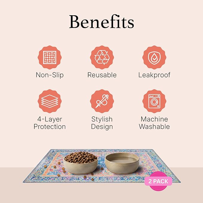 LOVEWAG Waterproof 2-Pack Pet Feeding Mats - 16" x 24" Premium Cat & Dog Food Mat - Non-Slip, Machine Washable Food Mat Protects Floors & Contains Water Bowl Spills - Pet Place Mats (Mystic Fuchsia)