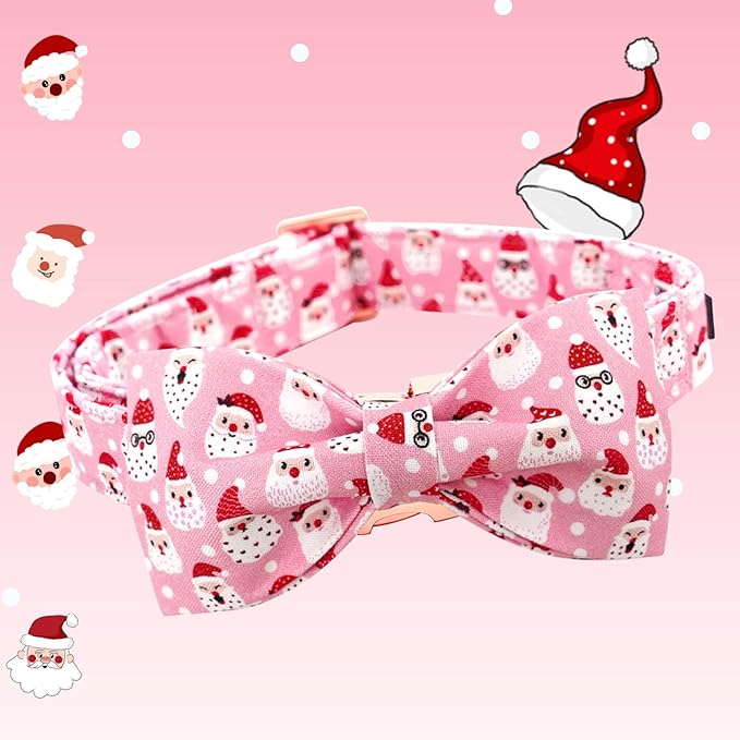 Dog Collar, Christmas Pink Santa Claus Cotton Pet Collar Bow Holiday Girl Boy Cute Puppy Collar Adjustable Pet Collar for X-Large Dogs