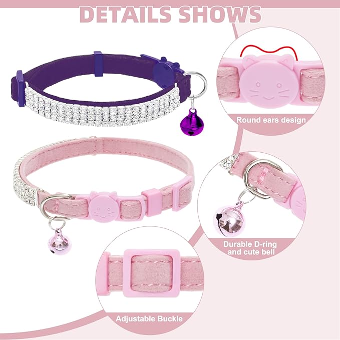 EXPAWLORER Soft Velvet Safe Cat Collars for Girl Cats -2 Pack Rhinestones Bling Diamante Adjustable Collars Breakaway- Chirstmas Cat Clollar Gifts with Bells for Boy Cats Kitty and Small Dogs