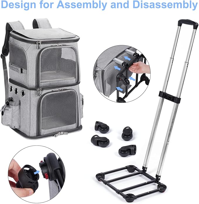 Double-Compartment Pet Carrier Backpack with Wheels for Small Cats and Dogs, Cat Rolling Carrier for 2 Cats, Perfect for Traveling/Taking a Walk/Trips to The Vet, Grey