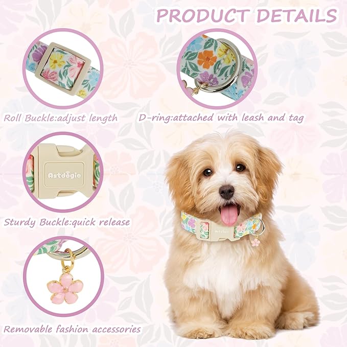 Cotton Dog Collar with Colorful Flowers for Spring Summer, Adjustable Puppy Dog Collars for Small Medium Large Dogs, Cute Girl Boy Dog Collar Ideal for Gifts,Pet Accessory,M