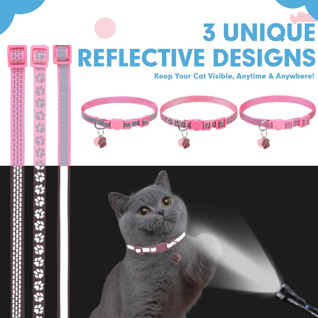 BINGPET Reflective Cat Collar Breakaway with Bells,3 Pack Kitten Collar for Girl Boy Cats with Cute Pendant Glow in The Dark,Adjustable 8''-11.8'',Pink