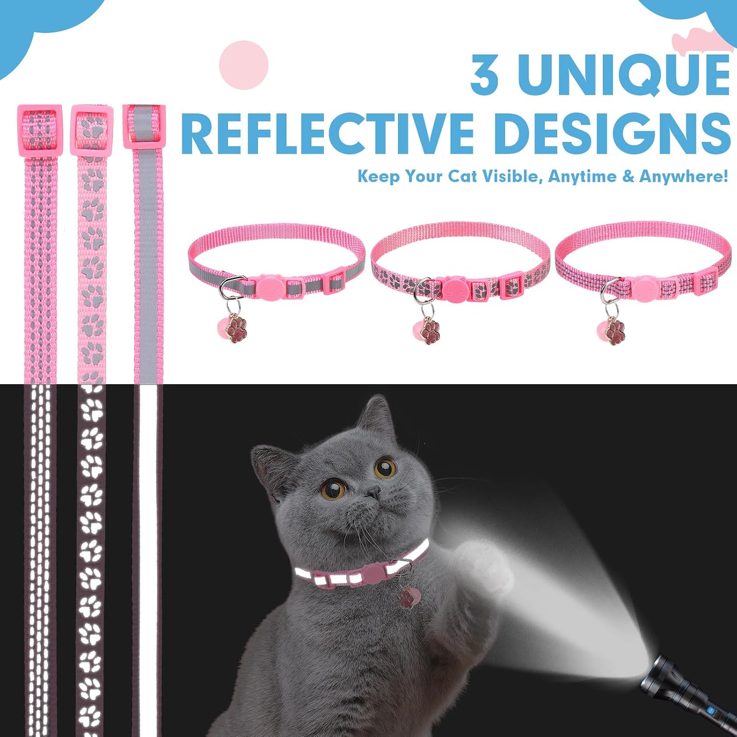 BINGPET Reflective Cat Collar Breakaway with Bells,3 Pack Kitten Collar for Girl Boy Cats with Cute Pendant Glow in The Dark,Adjustable 8''-11.8'',Pink