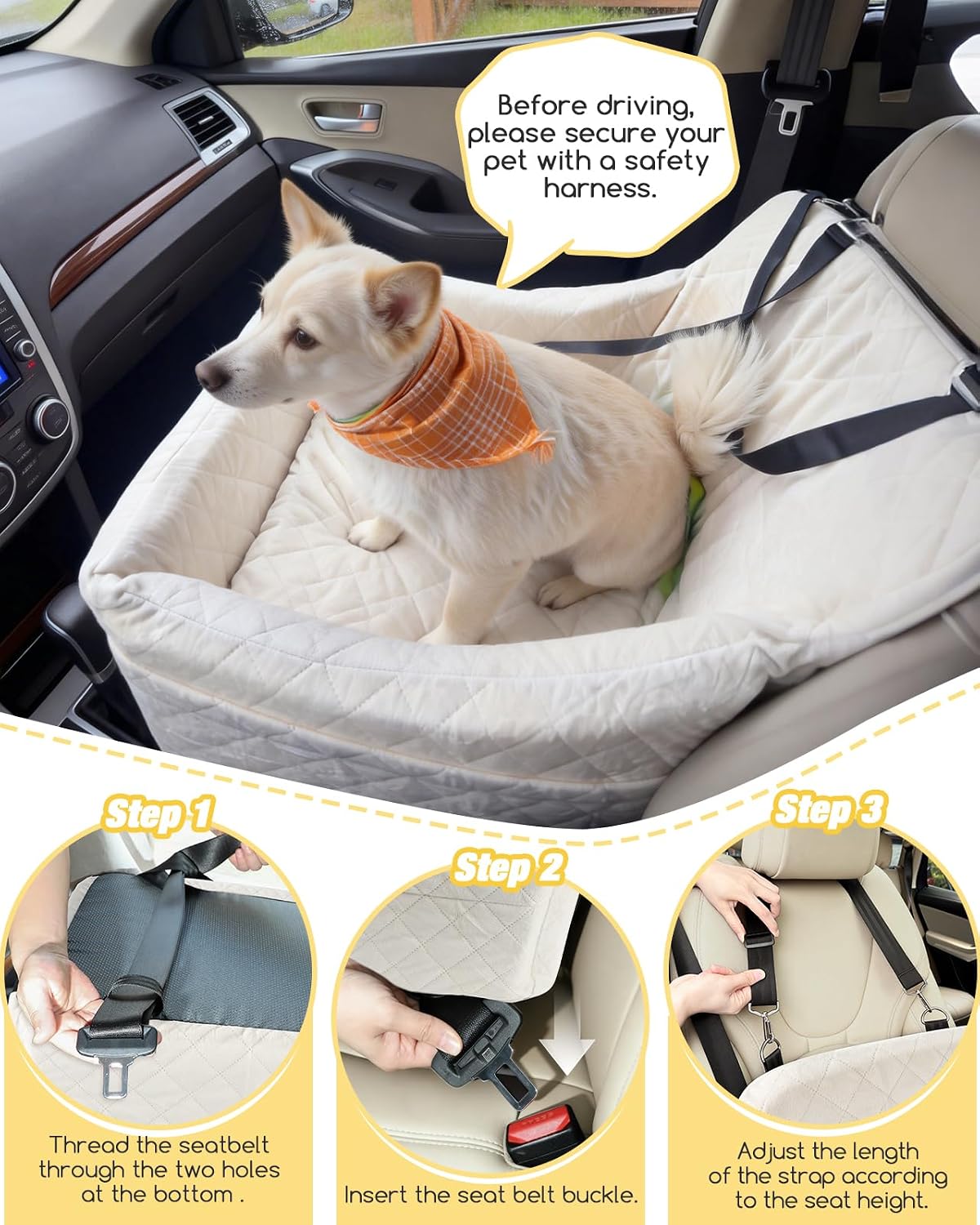 WOOAIDAGG Dog Car Seat for Medium Sized Dog,Pet Travel Car Bed with Seat Belt Channle,Fully Detachable and Washable Car Dog Seat with Adjustable Straps,3 Straps Easy to Install (Beige)