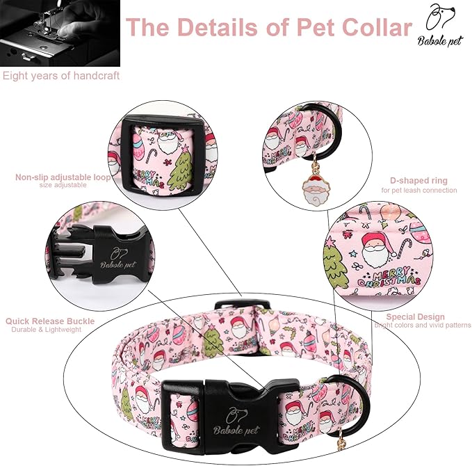 Christmas Dog Collar for Small Dogs - Cute Santa Print Pink Christmas Collars for Dogs, Soft Adjustable Winter Holiday Dog Collars with Quick Release Buckle S