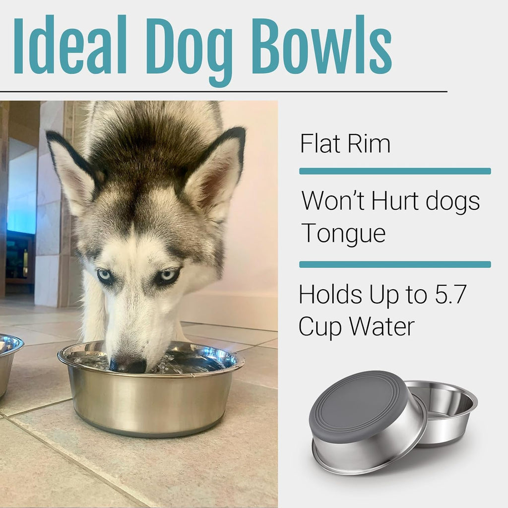 Nonslip Stainless Steel Dog Bowls, 5.7 US Cup, 2 Count | No slide silicone bottom, Dishwasher safe, Easy to clean, Stackable design