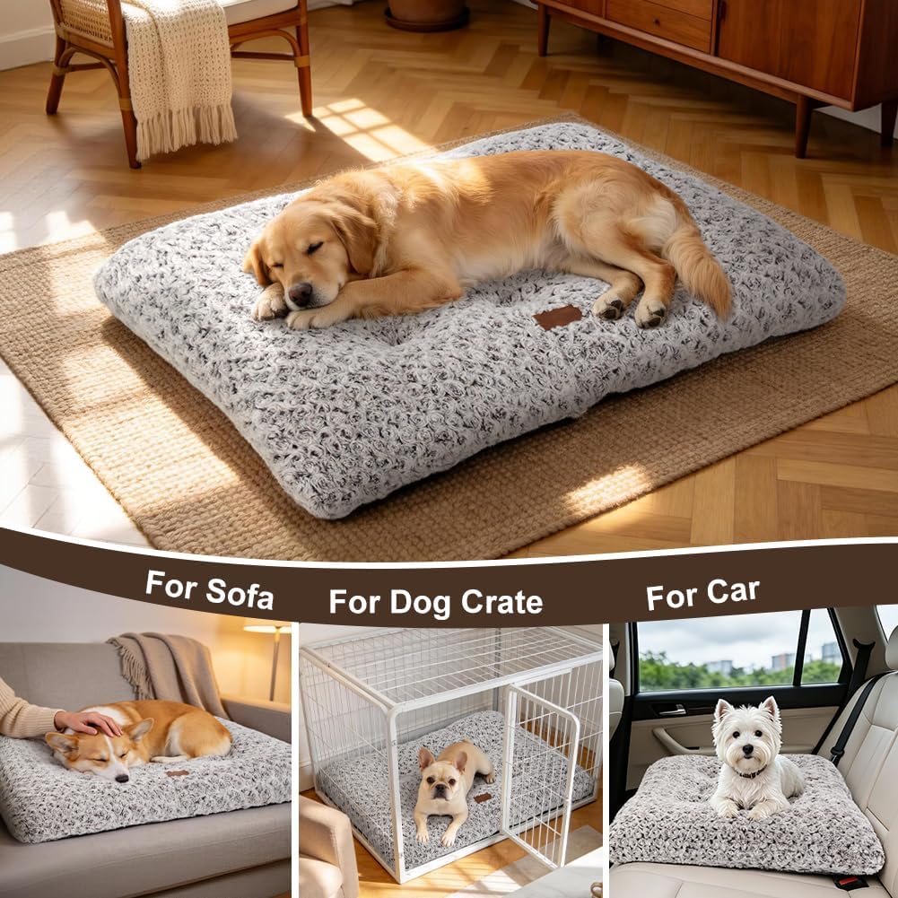 Dog Bed Crate Pad - Rosette Pattern White Velvet Pet Bed Anti-Slip Comfy Kennel Pad for Crates Rosette Brown S