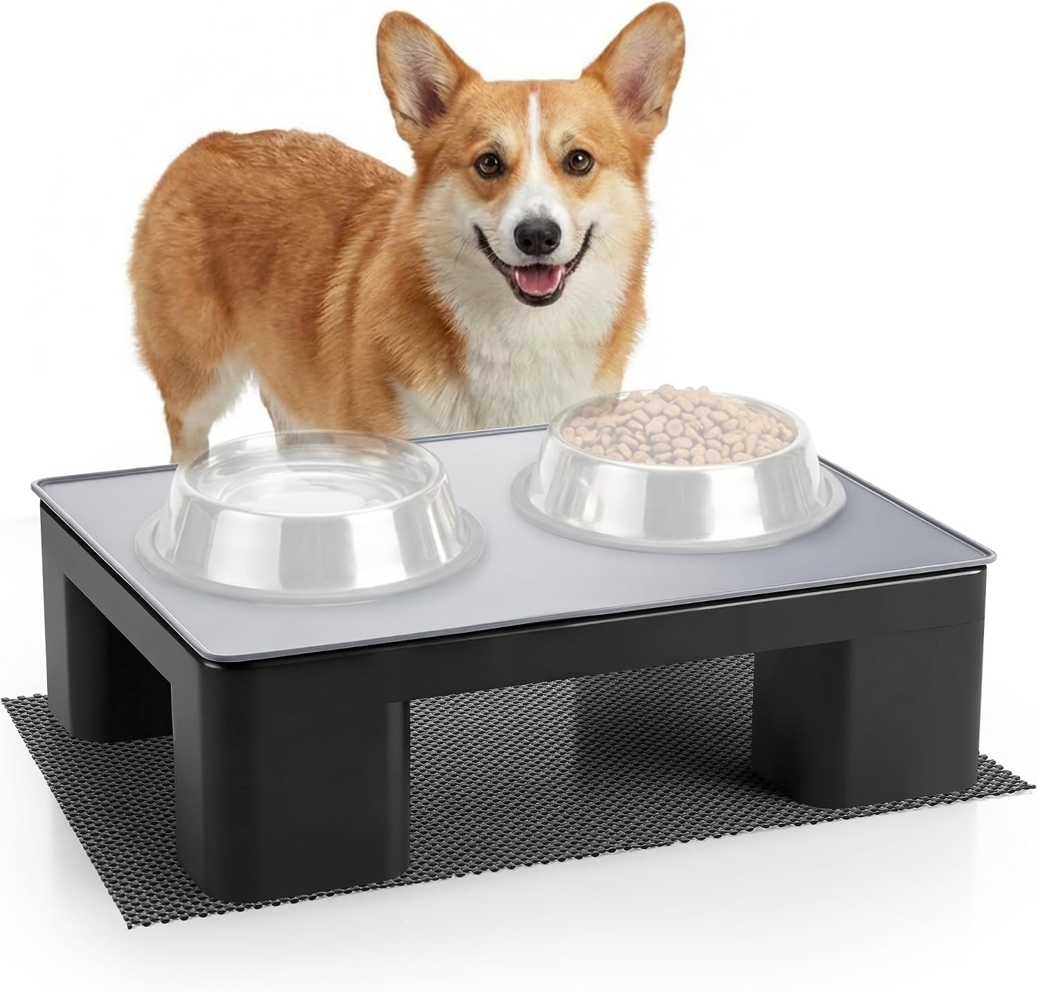 Elevated Dog Bowl Stand with Waterproof Dog Food Mat, Non-Slip, 1 Pc, Black | Reduce Neck & Joint Strain, Easy to Clean Silicone Pet Feeding Mat, Sturdy Legs, Ideal for Small & Medium Dogs and Cats