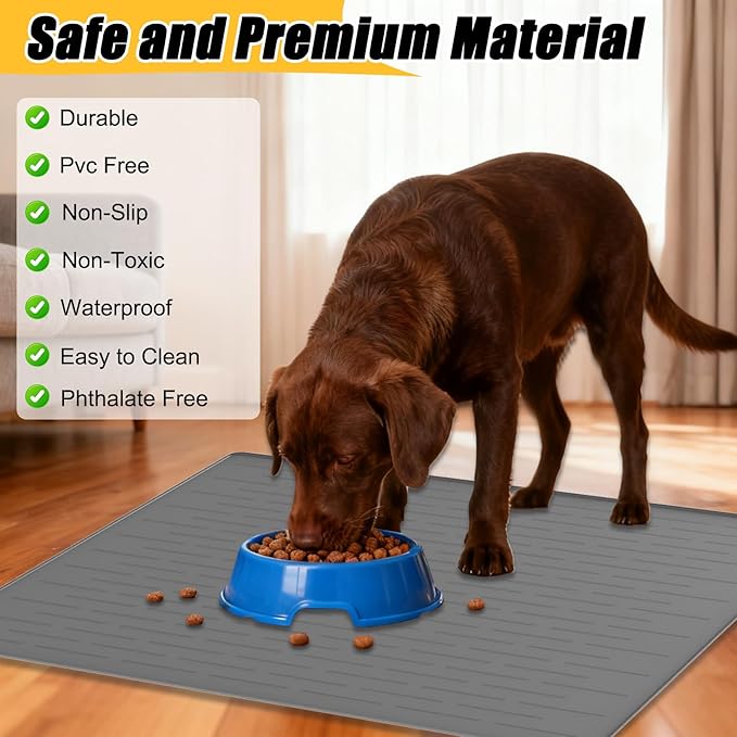 31.8"x23.8" Large Dog Mat for Food and Water, XL Silicone Pet Feeding Mats, Waterproof Dog Bowl Mat with High Edges to Prevent Water and Food Spills, Light Gray