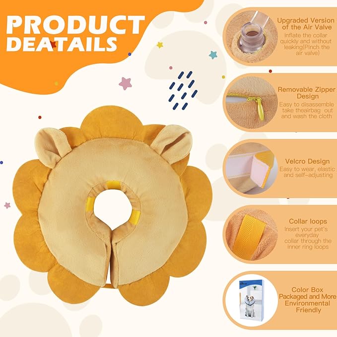 IEUUMLER Inflatable Recovery Dog Collar, Protective Donut Cone, Adjustable Soft Collar for Dog and Cat After Surgery Prevent from Biting & Scratching EU002 - Brown Lion M