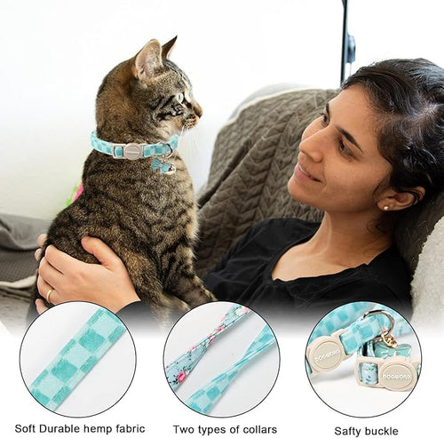 2 Pack Green Flower Cat Collars Breakaway with Bell, DOGWONG Safety Buckle Green Plaid Cute Cat Collar for Girl Boy Cats，Adjustable 7-12 Inch