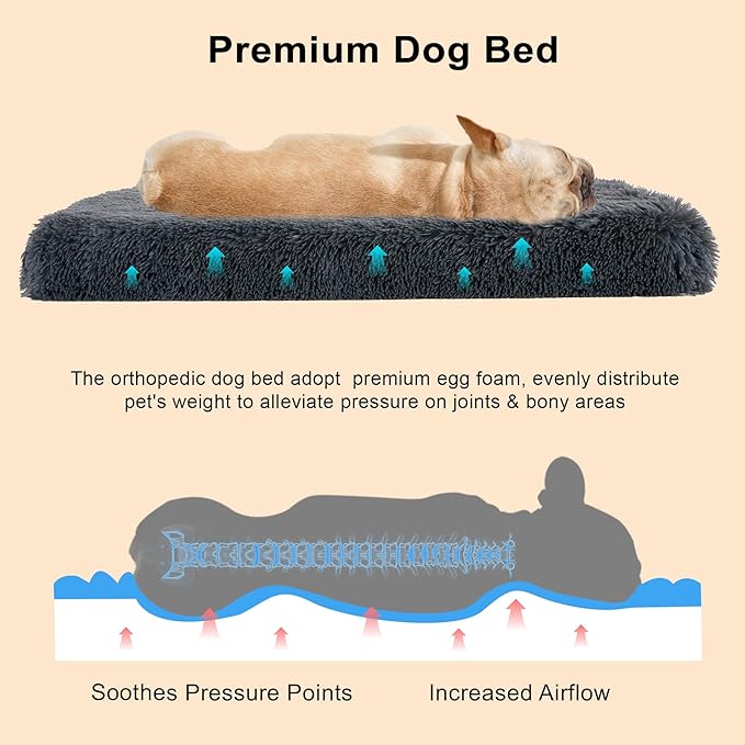 Fluffy Orthopedic Dog Beds for Puppy/Cats with Washable Removable Cover Dog Crate Bed Egg Crate Foam Support Plush Pet Pad Mat with Anti-Slip Bottom (24 * 16,Dark Grey)
