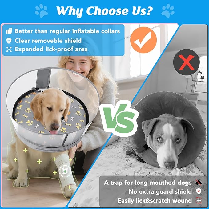 Inflatable Dog Cone with Anti-Licking Clear Shield, Protective Dog Donut Collar After Surgery, Adjustable Soft Recovery Cone for Pets, Alternative Collar with Buckle Strap (Grey Paw, S)