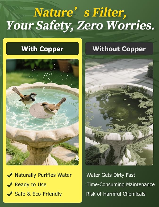 Mellbree 3-Pack Bird Bath Copper Disk, 0.6mm Reinforced 99.99% Pure Copper Cleaning Disk with Triple-Point Support for Physical Safe Clean Water All-Season (Flower)