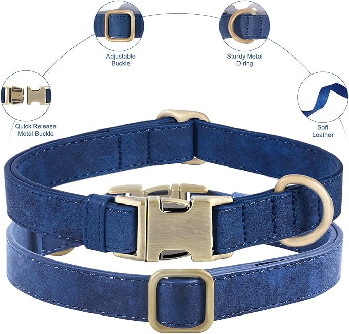 Genuine Leather Dog Collar - Adjustable Pet Collar with Quick Release Metal Buckle, Soft Skin Friendly Real Leather Collar for Small, Medium, Large Dogs (Blue Collar + Rope, L：Fit 15-23" Neck)