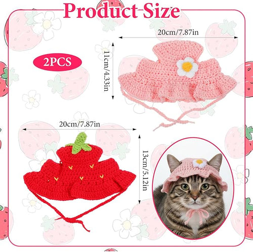 2PCS Strawberry Cat Hats Cute Flower Crochet Hats for Cats Small Pets Birthday Party Christmas Halloween Easter Travel Accessories Puppy Hat