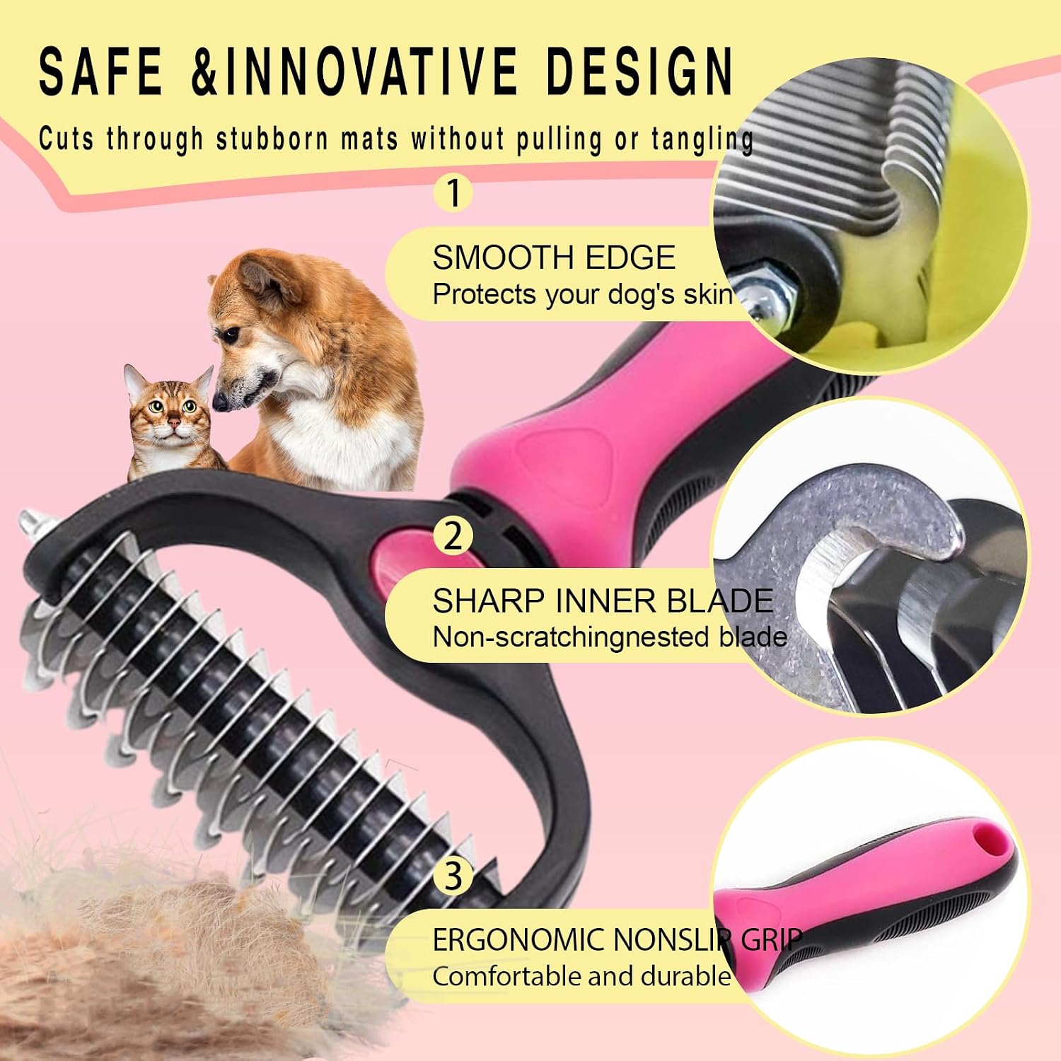 Pet Grooming Rake for Dogs & Cats - Double-Sided Deshedding and Dematting Tool, Gently Remove 95% of Loose Undercoat & Mats for Long-Haired Pets, Painless Fur Brush for Shedding Control (Pink)