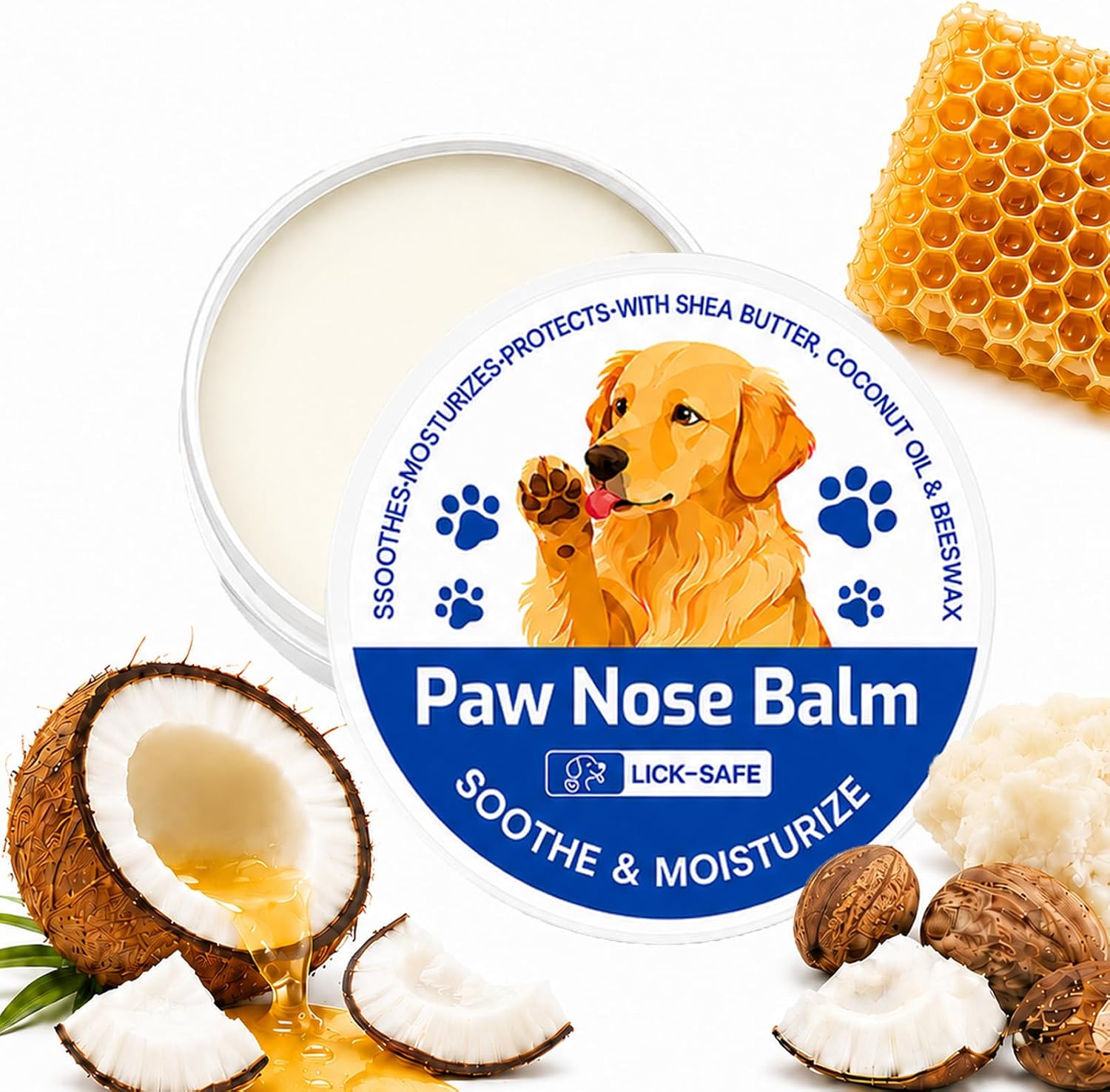 Lick Safe Dog Paw & Nose Balm - All Natural Moisturizing Wax with Coconut Oil & Shea Butter, Soothes Dry Cracked Paws & Snout, Heat & Cold Pavement Protection, 1.76 Oz Nose Butter