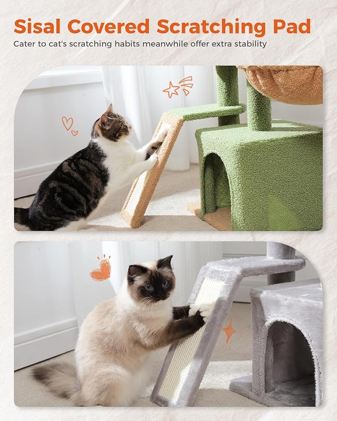 PETEPELA Small Cat Tree for Indoor Cats, 32'' Cute Cat Tower Cat Condo with Sisal Scratching Ramp, Cozy Hammock and Removable Top Bed Perch for Kittens, Grey
