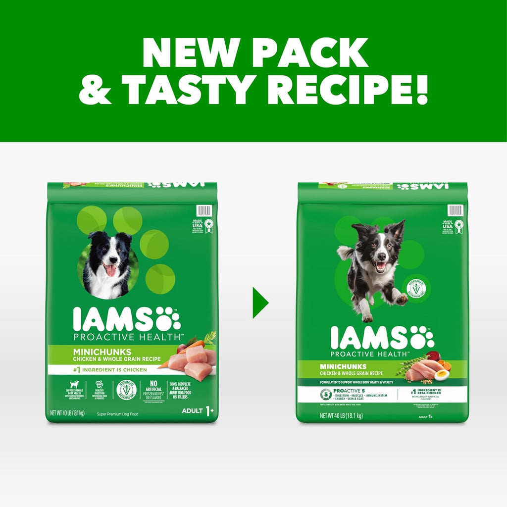 IAMS Proactive Health Adult Minichunks Dry Dog Food, Chicken, 40 lb | Real chicken #1 ingredient, no fillers, natural fiber & prebiotics, Omega-6 fatty acids, antioxidants for immune support