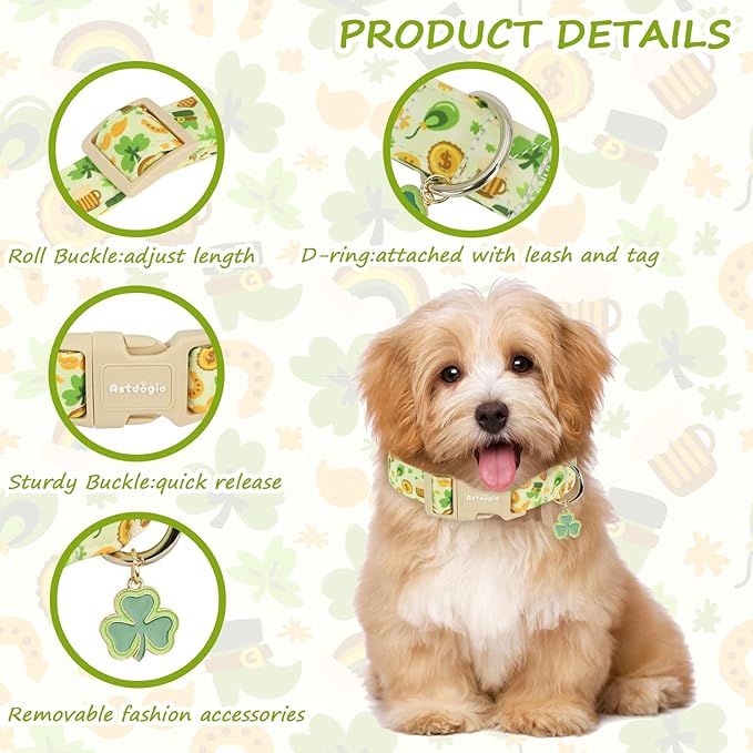 St. Patrick's Day Dog Collar,Light Green Puppy Collar with Lucky Shamrock,Adjustable Spring Cotton Collars Gifts for Small Medium Large Dogs,Dog Accessories L
