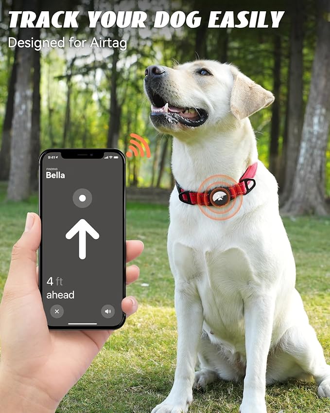 Joytale Airtag Dog Collar, Reflective Pet Collar with Waterproof AirTag Holder, Dual D-Rings, Soft Padded Adjustable for Large Dogs, Red, L