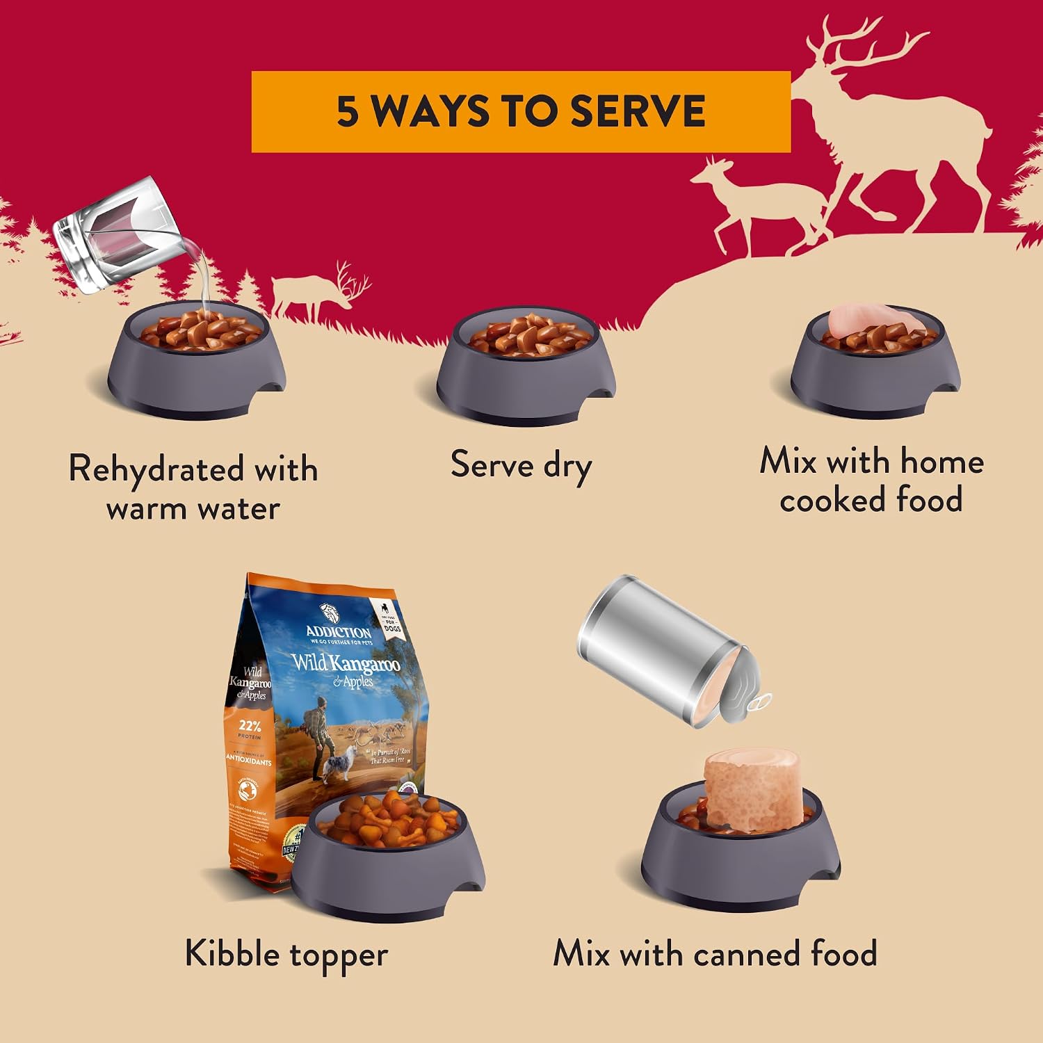 Addiction Homestyle Venison & Cranberry Dinner Air-Dried Grain-Free Dog Food – Complete Meal or Topper with Natural Ingredients for Digestive and Skin & Coat Health, 2lb - 4 Packs