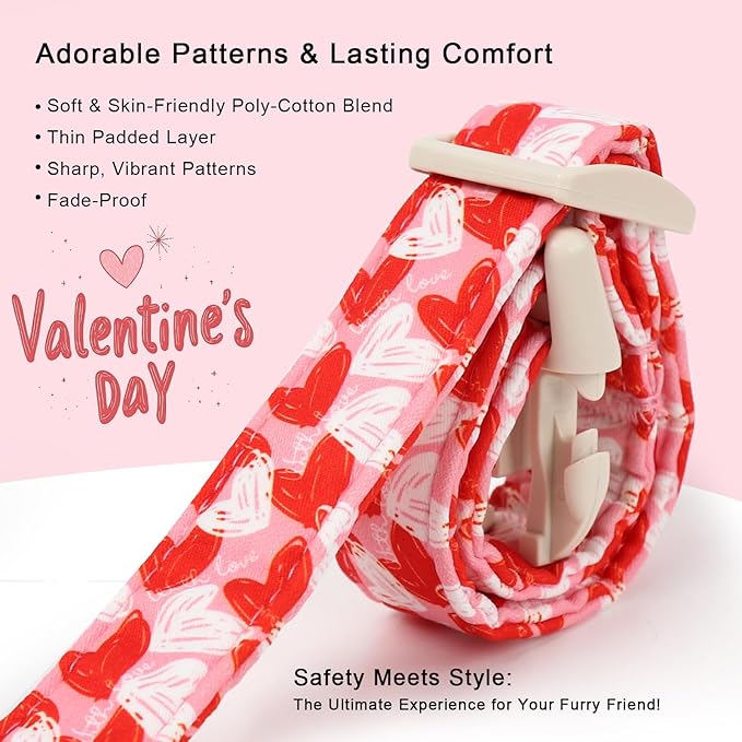 Valentines Dog Collar for Small Dogs - Cute Pink Girl Dog Collar, Doodle Heart Pattern, Adjustable Valentine Dog Collars with Red Heart Charm S