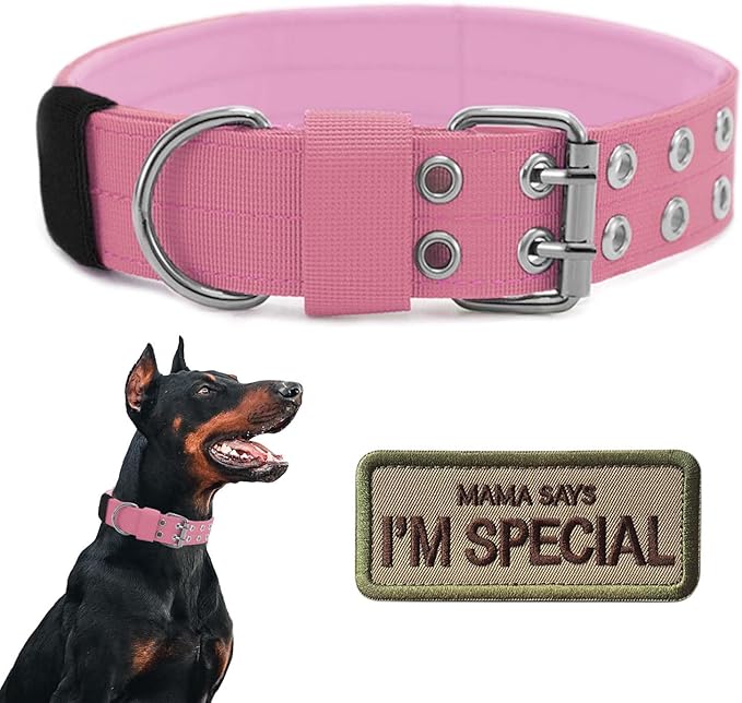 Tactical Dog Collar Military Adjustable Dog Collars Soft Nylon Training Collar with Patch Heavy Duty Metal Buckle Collars for Medium Large Dogs (Light Pink, XL)
