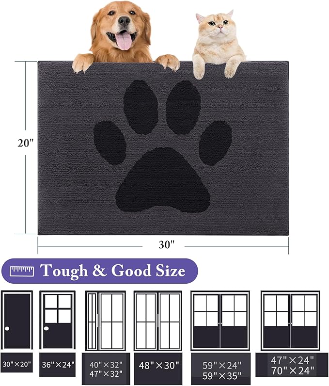Buganda Dog Door Mat for Muddy Paws, Absorbent Dirt Trapper Non Slip Indoor Doormats, Washable Low-Profile Mat for Mud Dogs, Entryway Carpet for Inside Floor (70x47 Inches, Black)