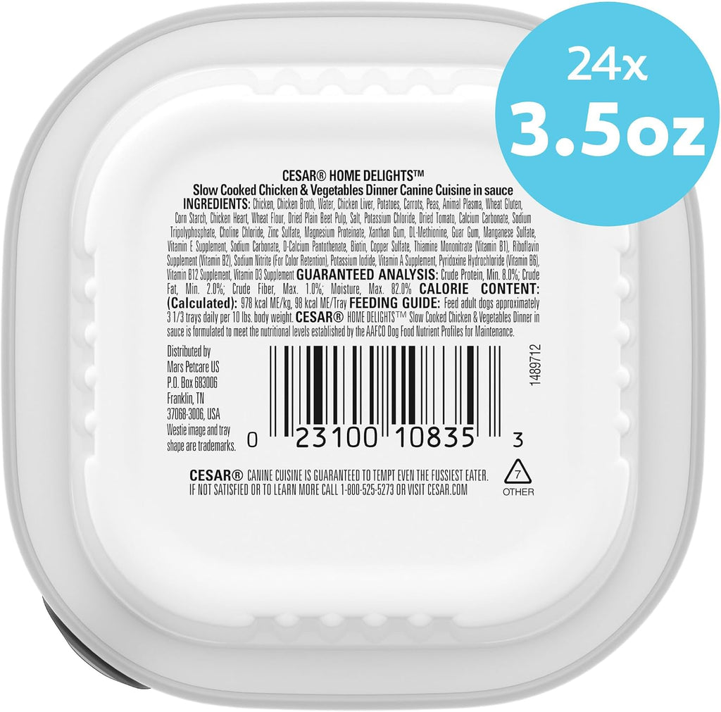 Cesar Home Delights Wet Dog Food, Chicken & Vegetables, 3.5 oz, 24 Count | Real chicken #1 ingredient, no fillers or added sugar, easy to digest, use as meal or food topper, easy peel trays