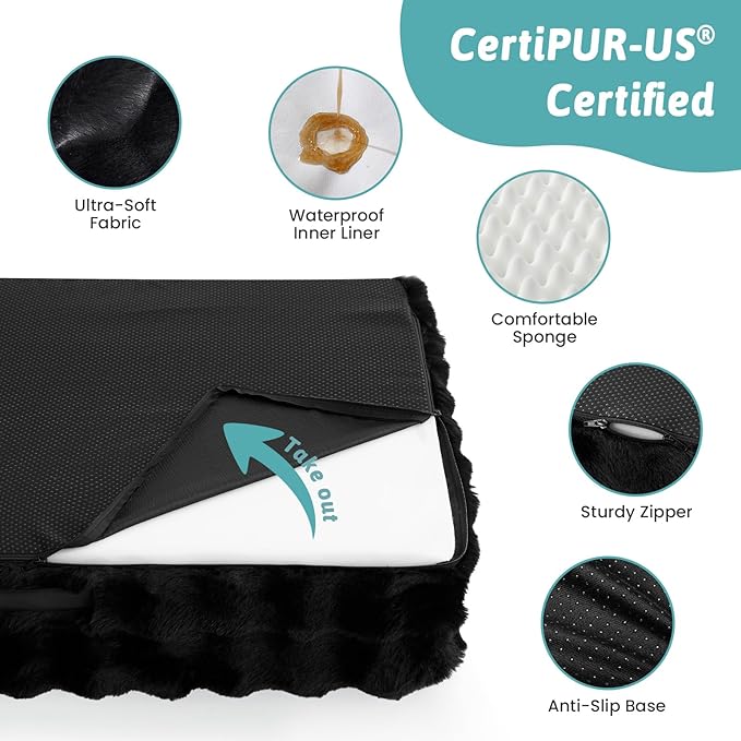 Orthopedic Dog Bed for Large Size Dog, Soft and Warm Faux Fur Extra Large Sofa for Pet Up to 100 lbs, Foam Bolster Anti-Slip Couch with Washable Removable Cover, XL 44x32x7 inch, Black