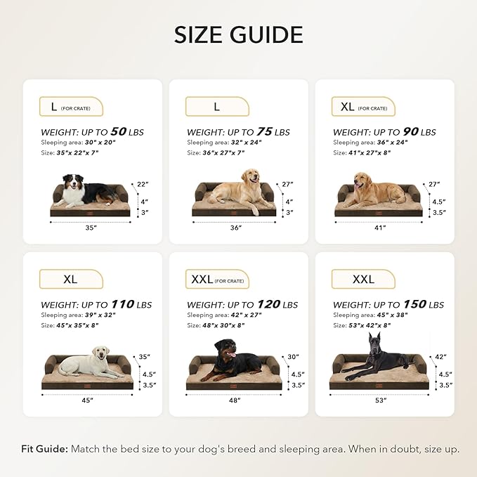 Orthopedic XXL Dog Beds, Waterproof Egg Crate Foam Big Pet Bed for All Breed Sized Dogs 53x42Inch, Washable Extra Large Dog Couch Bed with Removable Cover and Non-Slip Bottom, Brown