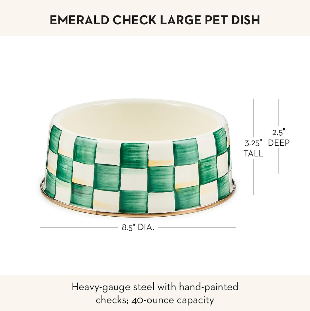 MACKENZIE-CHILDS Enamel Pet Dish, Large, Green-and-White Emerald Check | Hand-painted design, made from enameled steel, decorative cat and dog bowl for food and water, 40-ounce capacity