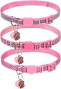 BINGPET Reflective Cat Collar Breakaway with Bells,3 Pack Kitten Collar for Girl Boy Cats with Cute Pendant Glow in The Dark,Adjustable 8''-11.8'',Pink