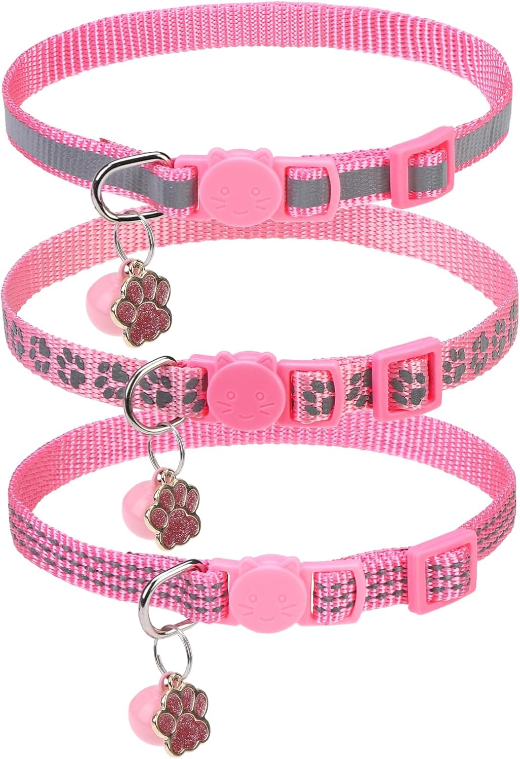 BINGPET Reflective Cat Collar Breakaway with Bells,3 Pack Kitten Collar for Girl Boy Cats with Cute Pendant Glow in The Dark,Adjustable 8''-11.8'',Pink