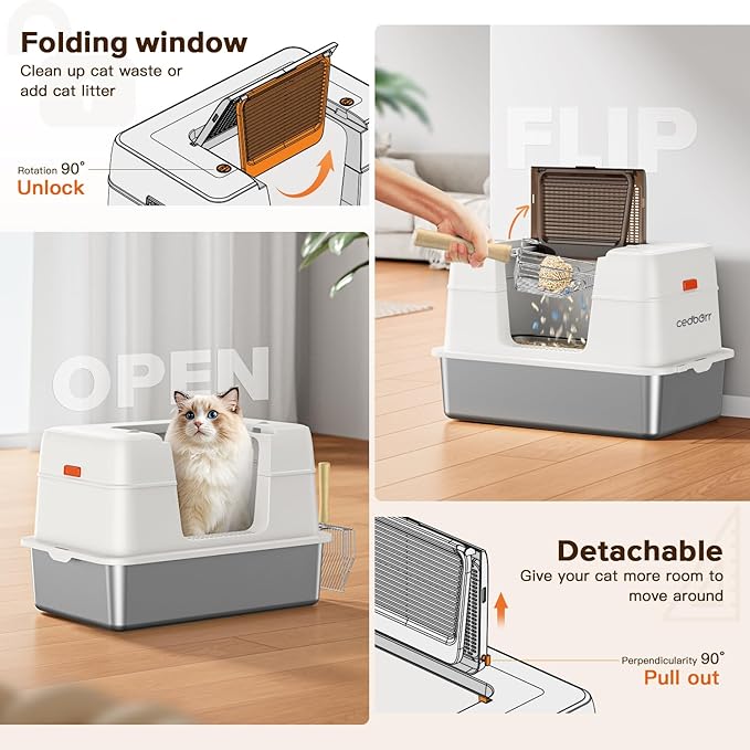 Stainless Steel Cat Litter Box with Lid,Large Enclosed High Side Metal Cat Litter Box with Pedals Suitable for Big Cats,Non-Sticky,Odor-Free,Easy to Clean ，Anti-Leakage(Silver)