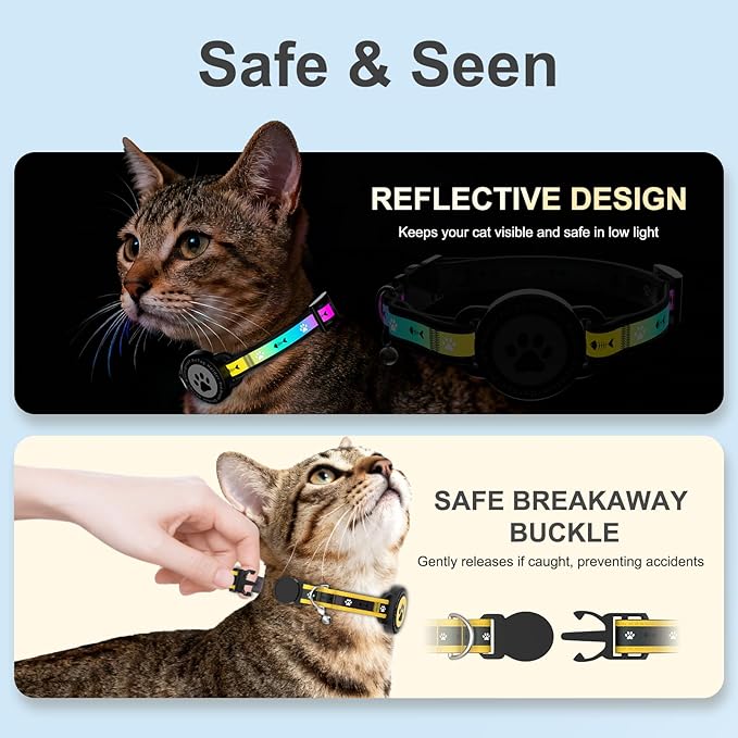 Airtag Cat Collar Breakaway, Reflective Cat Collar with AirTag Holder and Bell, Compatible with Apple Air Tag, Comfortable Padding, Adjustable, Durable (Yellow, XS)