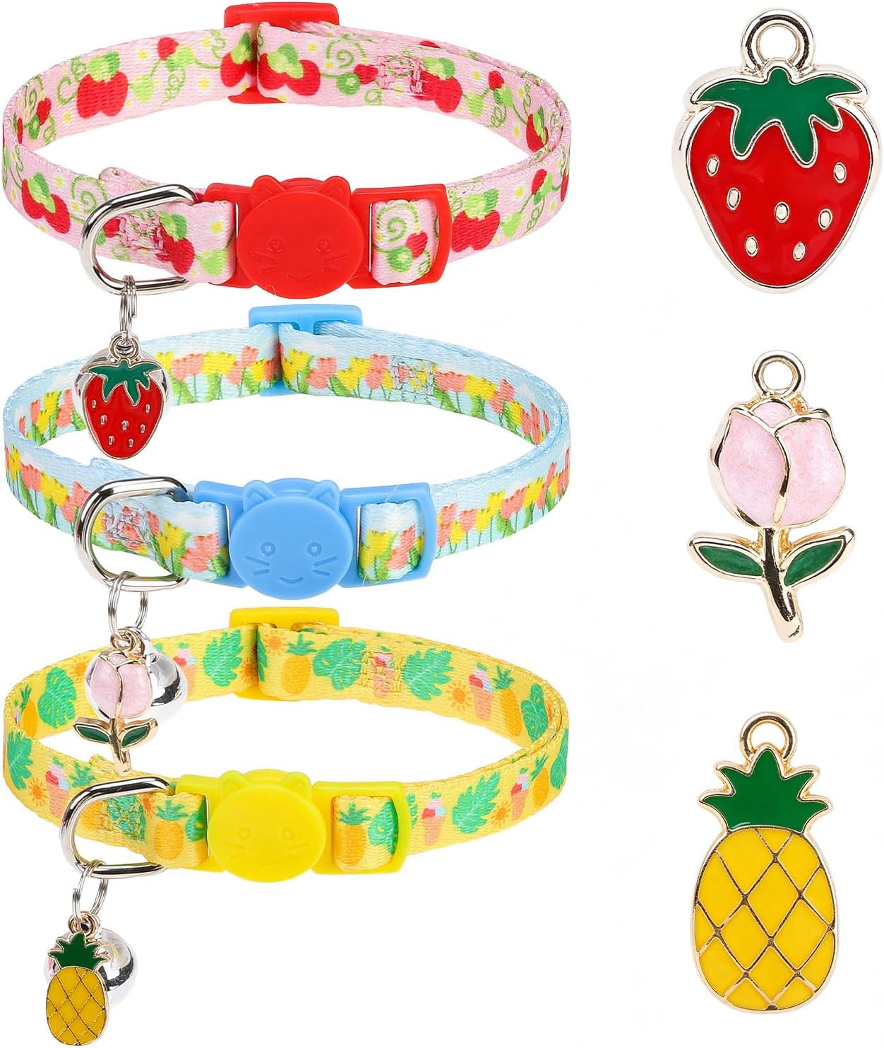 Flower Cat Collar Breakaway with Bells 3 Pack, Adjustable Soft Cute Cat Collars with Fruit Pendant for Spring Summer, Safe Floral Kitten Collar for Girl Boy Cats Pet Decoration Accessories