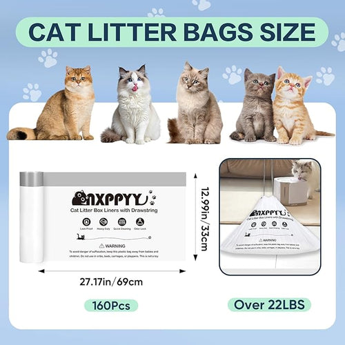 160 Count Cat Litter Box Liners for Litter Box Robot 4/5, Cat Litter Bags for Automatic Litter Box, 10-12 Gallon Heavy Duty Waste Bags with Drawstrings, 25.19" x 15.7" (Black)
