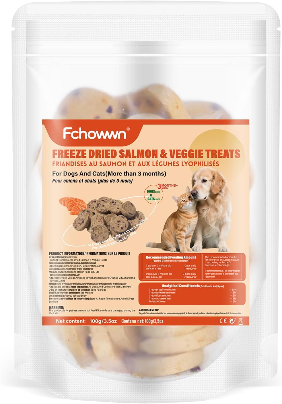 100g/3.52oz Dehydrated Salmon&Veggie Treats for Cats and Dogs,Includes Pumpkin,Purple Potato and Carrot,All Natural and Delicious Snack Bites for Pets,Perfect for Training and Rewarding