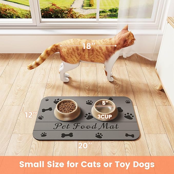 Pet Feeding Mat-Absorbent Pet Placemat for Food and Water Bowl, with Waterproof Rubber Backing, Quick Dry Water Dispenser Mat for Dog and Cat (20"x12", Bones)