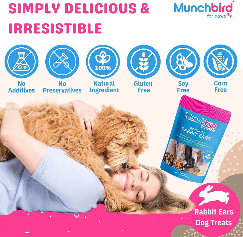 Munchbird Dehydrated Rabbit Ears 100g (3.5 oz) 12-15 pcs for Dogs, European Furry Rabbit Ear Natural Fiber for Pets, Rawhide Free Alternative to Pig Ears Dog Treats, Ear Size Varies