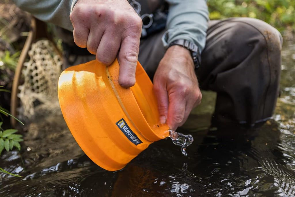 Ruffwear, Bivy Collapsible Dog Bowl, 60 fl oz, Salamander Orange, Medium | Waterproof Welded Single-Wall Fabric, Ultralight Portable Fold-Flat, Non-Slip Bottom, Accessory Loop, Reflective Trim, 1.8 L