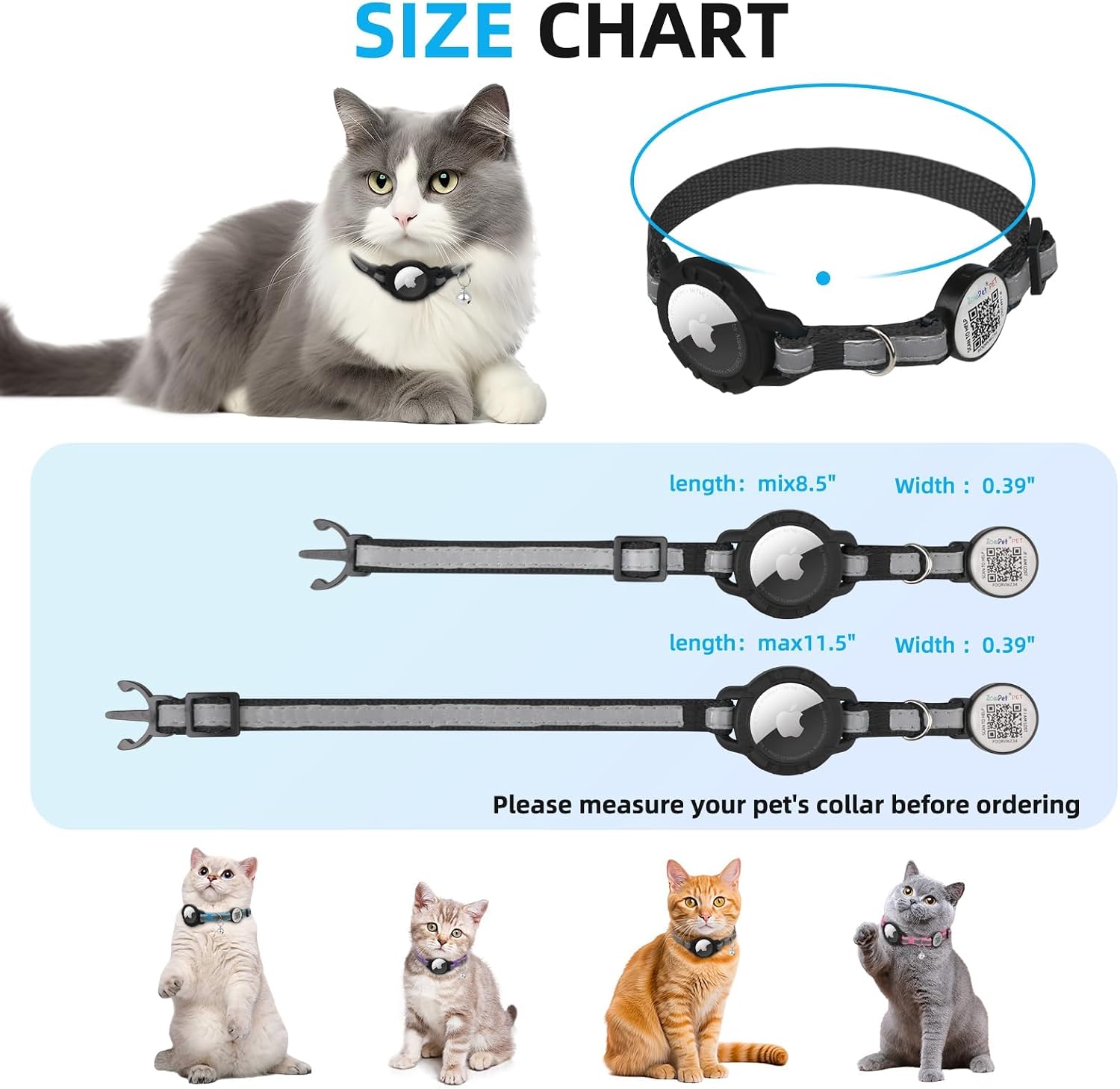 Airtag Cat Collar Breakaway with QR Code Name Tag (Black,8.5-11.5 Inch) | Reflective Kitten Collar with Apple Air tag Holde and Bell, Soft, Durable, Adjustable, Quick Release for Small Large Cat
