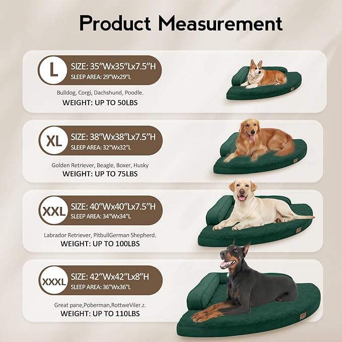 Large Dog Bed - XL Orthopedic Egg-Crate Memory Foam Dog Beds with Removable Washable Cover, Waterproof Pet Beds with Non-Slip Bottom, Dark Green