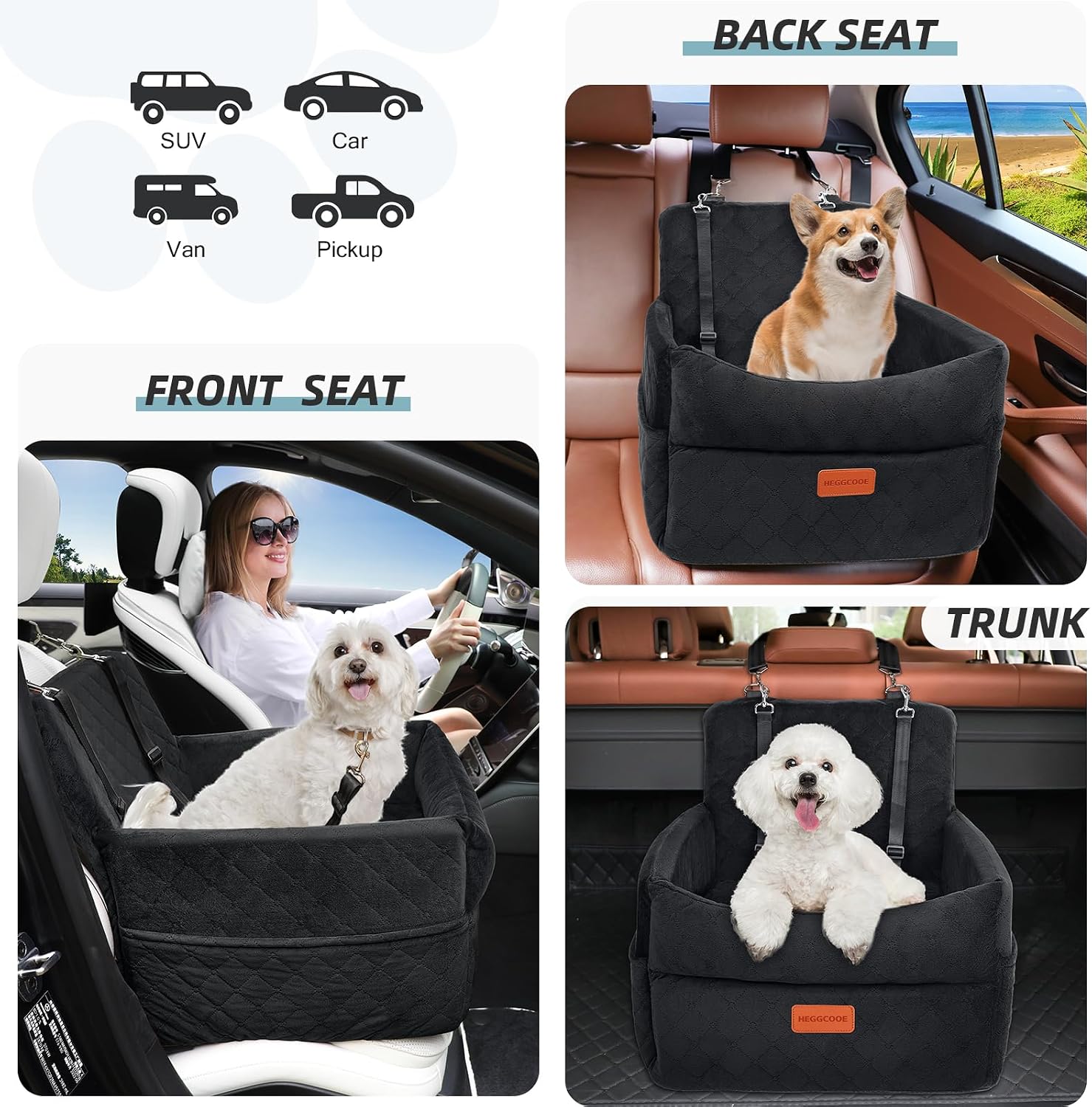 HEGGCOOE Small Dog Car Seat, Memory Foam Dog Booster Car Seats with Thick Cushion for Medium Dogs Under 35lbs, Detachable Washable Dog Bed for Car, Pet Carseat with Storage Pockets,2 Safety Belts