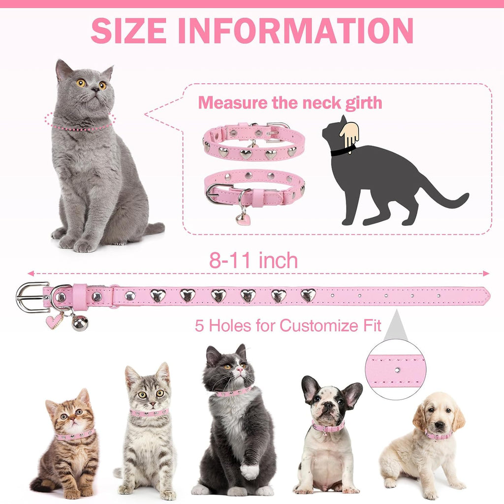 Leather Cat Collar, Breakaway Kitten Collars with Bell, Pink | Spiked & Studded, Cute for Boy Girl Small Pets, Goth Style, Safety Elastic Belt, Adjustable Buckle, Heart, 8-11in