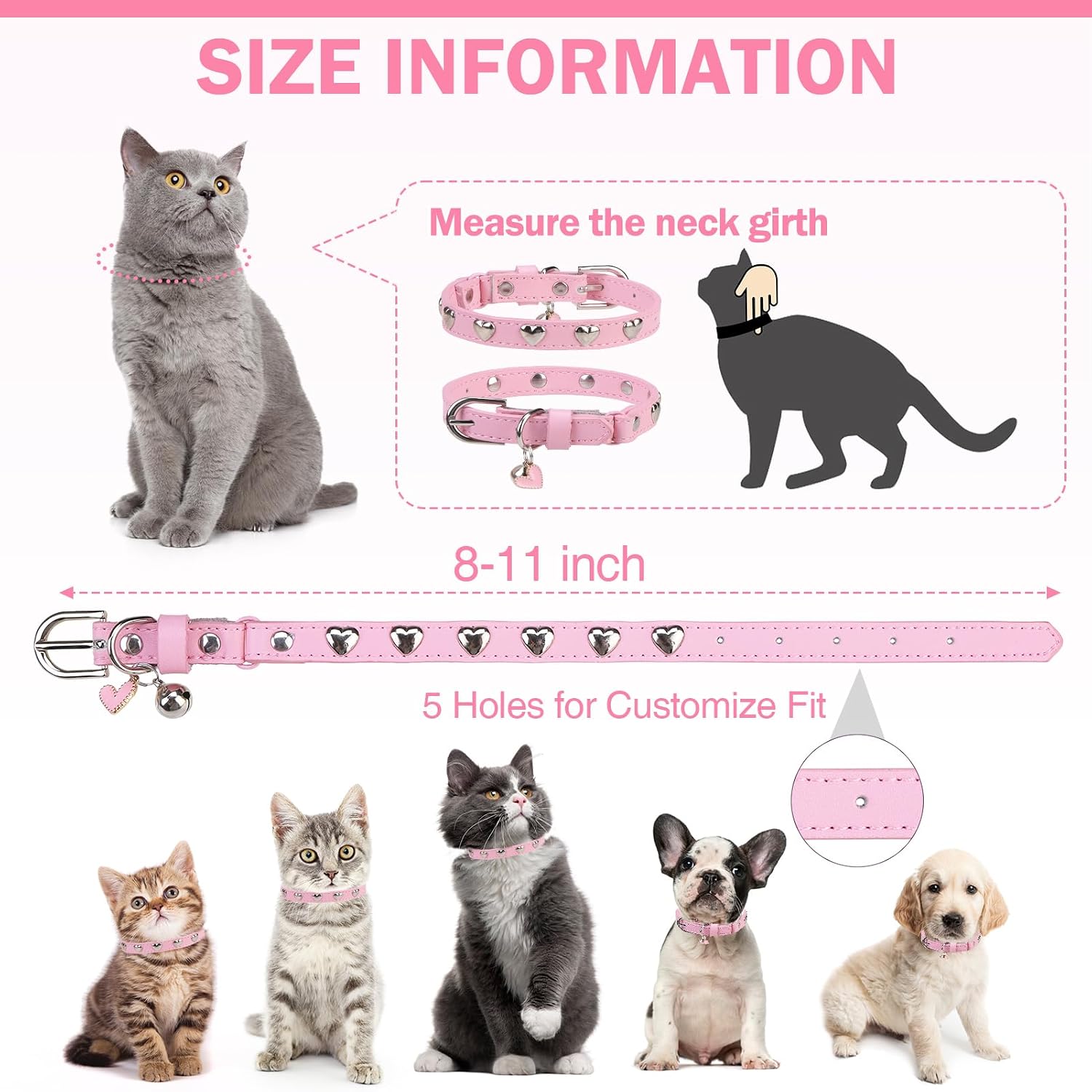 Leather Cat Collar, Breakaway Kitten Collars with Bell, Pink | Spiked & Studded, Cute for Boy Girl Small Pets, Goth Style, Safety Elastic Belt, Adjustable Buckle, Heart, 8-11in