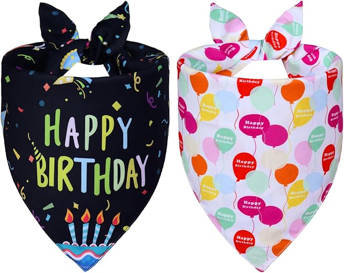 Dog Birthday Bandanas, 2-Pack Reversible 4 Patterns for Large X-Large Dogs - Black Boy & White Girl Birthday Scarf, Party Outfit Gift for Pups (18-23" Neck)